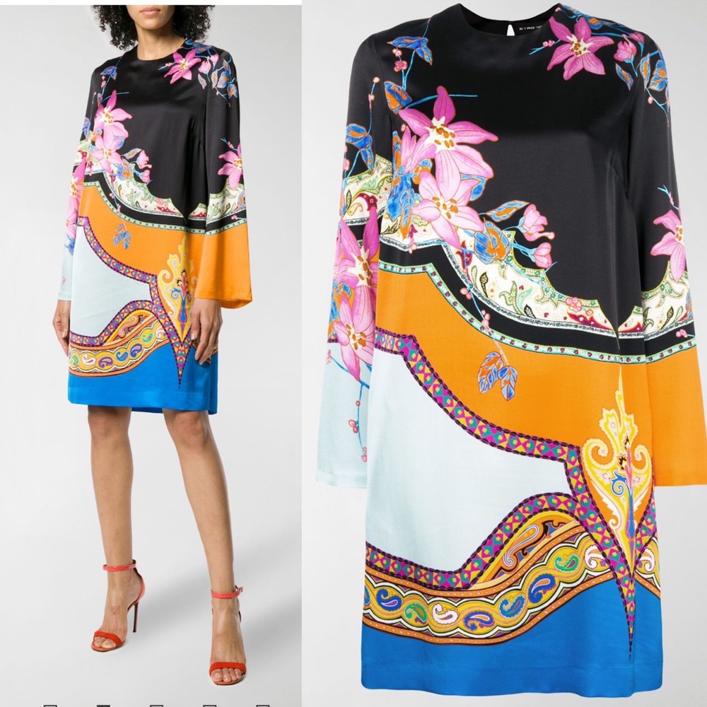 Etro Black Multi Floral Silk Mini Dress